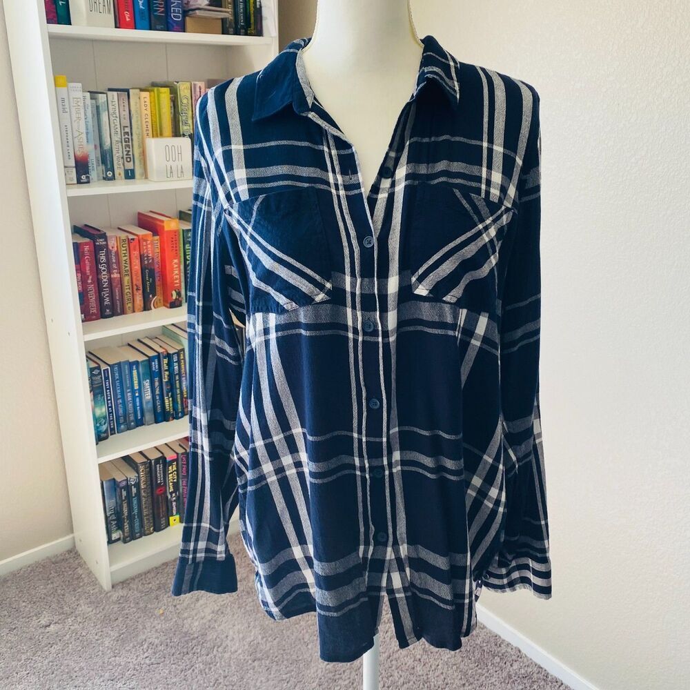 LUCKY BRAND Blue and White Plaid Button Down Top Size Large